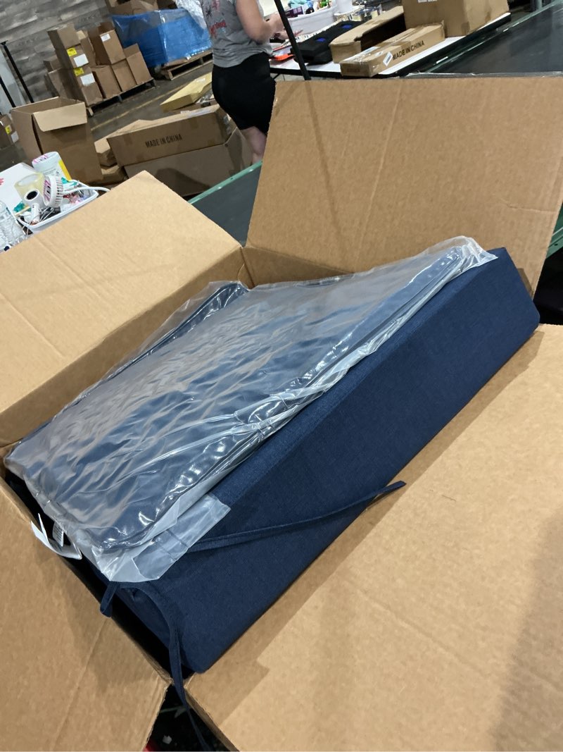 Condition photo showing As Is for navy outdoor water-resistant chaise lounge patio cushion