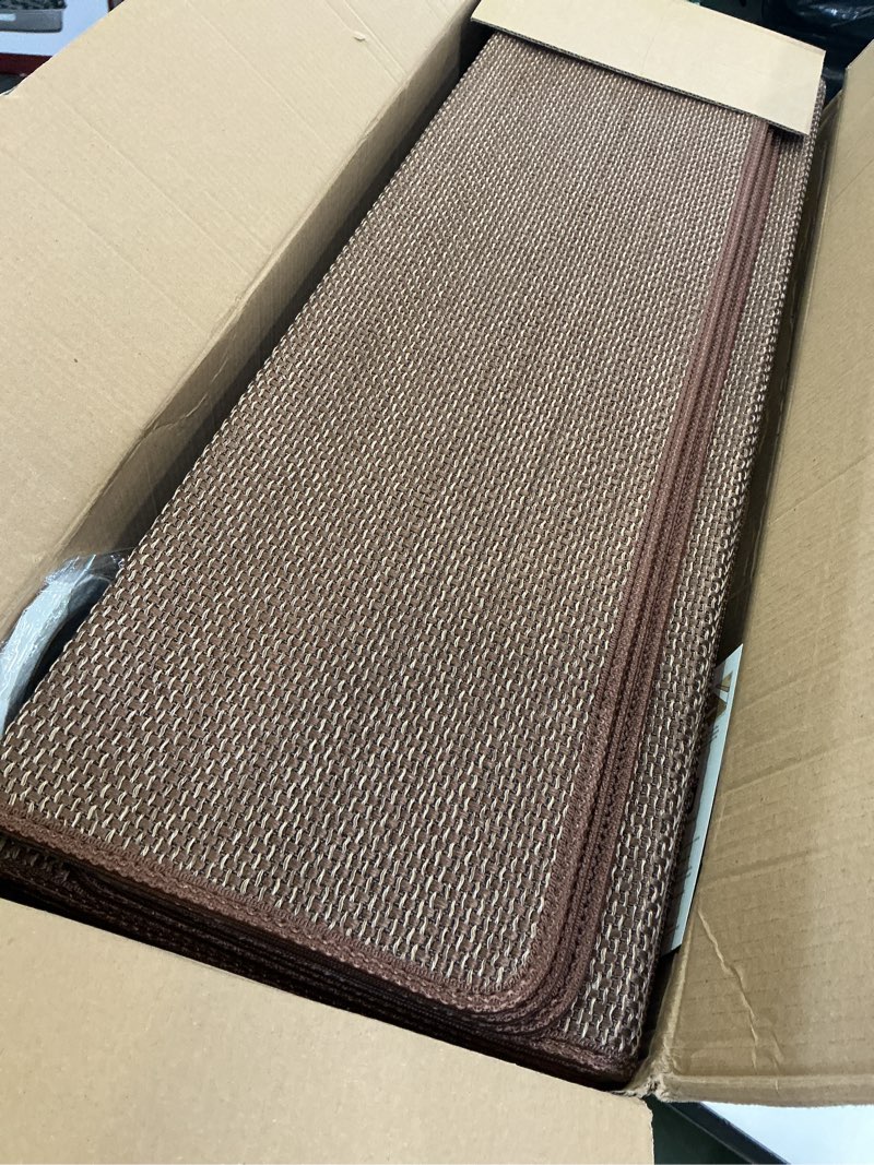 Condition photo showing Good Condition for Bullnose Carpet Stair Treads Non Slip for Wooden Steps Indoor, 9.5" x 35" 14 Pieces, Extra Wide Bull Nose Carpet Runners for Wood Stairs, Step Covers, Stair Tread Rugs, Washable, Brown 35" L x 9.5" W x 1.2" H Brown 14