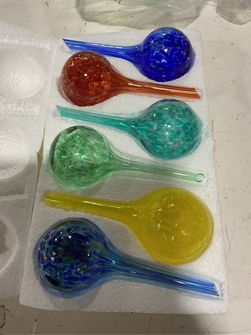Condition photo showing Good Condition for plant self watering globes – 6 pack small colorful glass plant watering device for indoor pots, self watering bulbs for vacation plant care, drip irrigation system, garden patio hanging plants 6pcssmall size