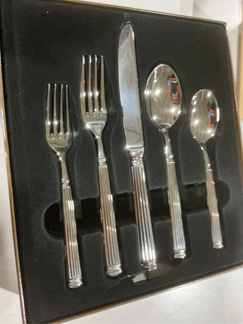 Condition photo showing Good Condition for kingstone silverware set, 30-piece 18/10 stainless steel flatware set - roman column embossed thick handle, for wedding, home, restaurant, kitchen and party, mirror polish & dishwasher safe 30-piece silver