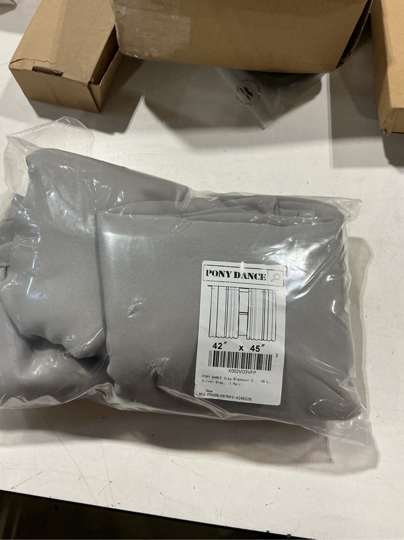 Condition photo showing Good Condition for pony dance gray blackout curtains - window treatments thermal insulated light blocking drapes back tab/rod pocket short curtain panels for bedroom & kitchen, 42 w x 45 l, silver grey, 1 pair silver grey 42"w x 45"l (pack of 2)