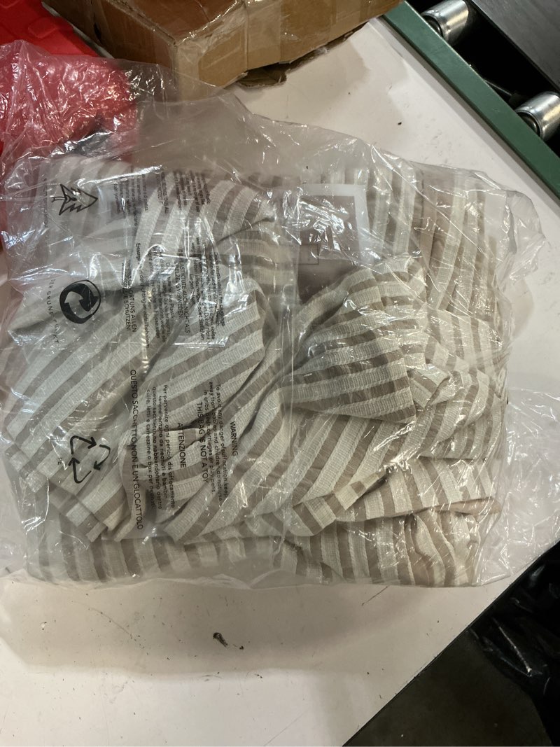 Condition photo showing As Is for striped king duvet cover beige washed microfiber jacquard 3 pieces bedding set, white beige vertical ticking stripes pattern comforter cover with zipper closure breathable durable soft comfy beige striped (no comforter) king