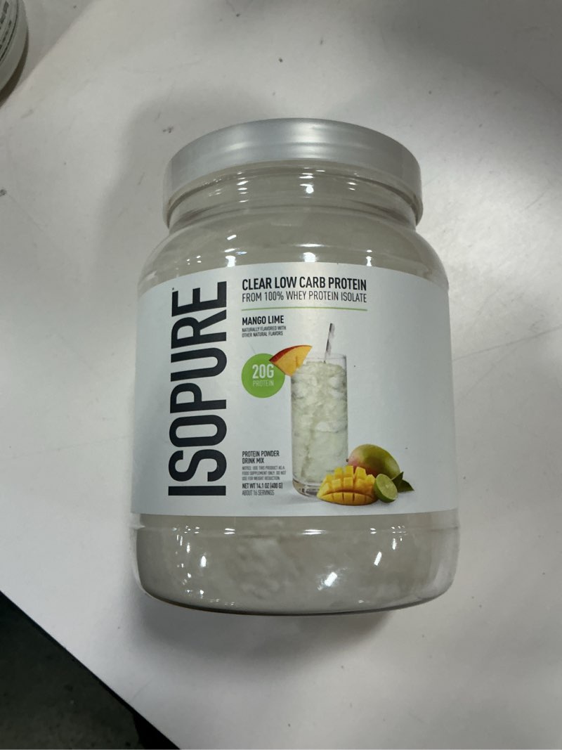 Condition photo showing New/Like New for Isopure Clear Whey Isolate Protein Powder, Lactose Free, Gluten Free, Naturally Flavored, Mango Lime, 20g Protein Per Serving, 14.1 Oz, 16 Servings (Packaging May Vary)