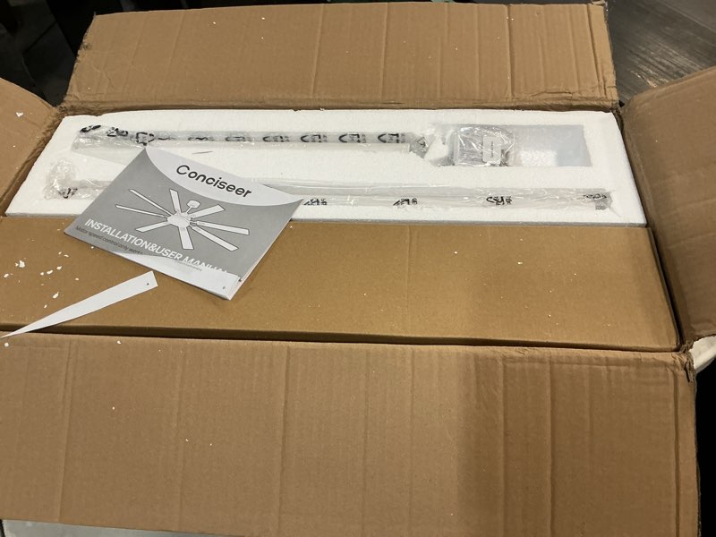 Condition photo showing Good Condition for 72 inch ceiling fans with lights and remote, dual color 8 blades, bedroom living room office library cafe outdoor industrial, 3cct dimmable, 6 speed reversible quiet dc motor, white/wood grain mwh/wd 72inch