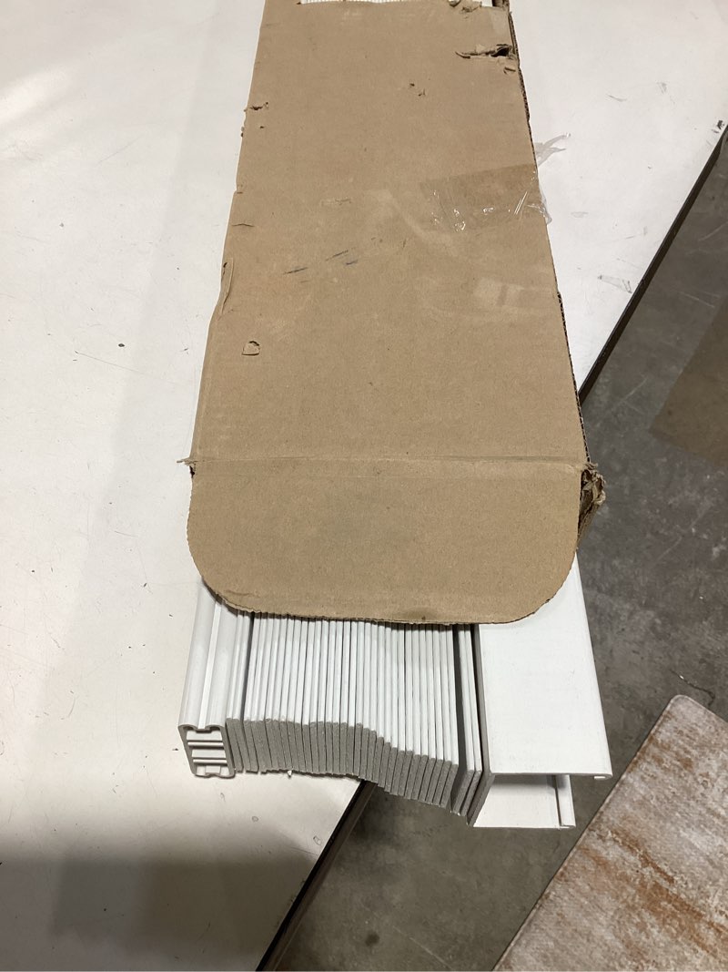 Condition photo showing As Is for allen + roth trim at home 2-in slat width 39-in x 64-in cordless white faux wood room darkening horizontal blinds