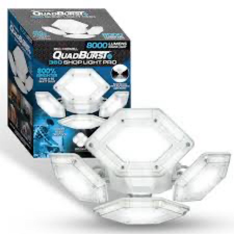 Bell+Howell QuadBurst 360 Shop Light Pro – Ultra-Bright 8000 Lumens, 4 Adjustable LED Panels, 10x Brighter Than 60W Bulbs, Rust-Proof Hinges, Easy Screw-in Installation for Garage, Workshop & More!