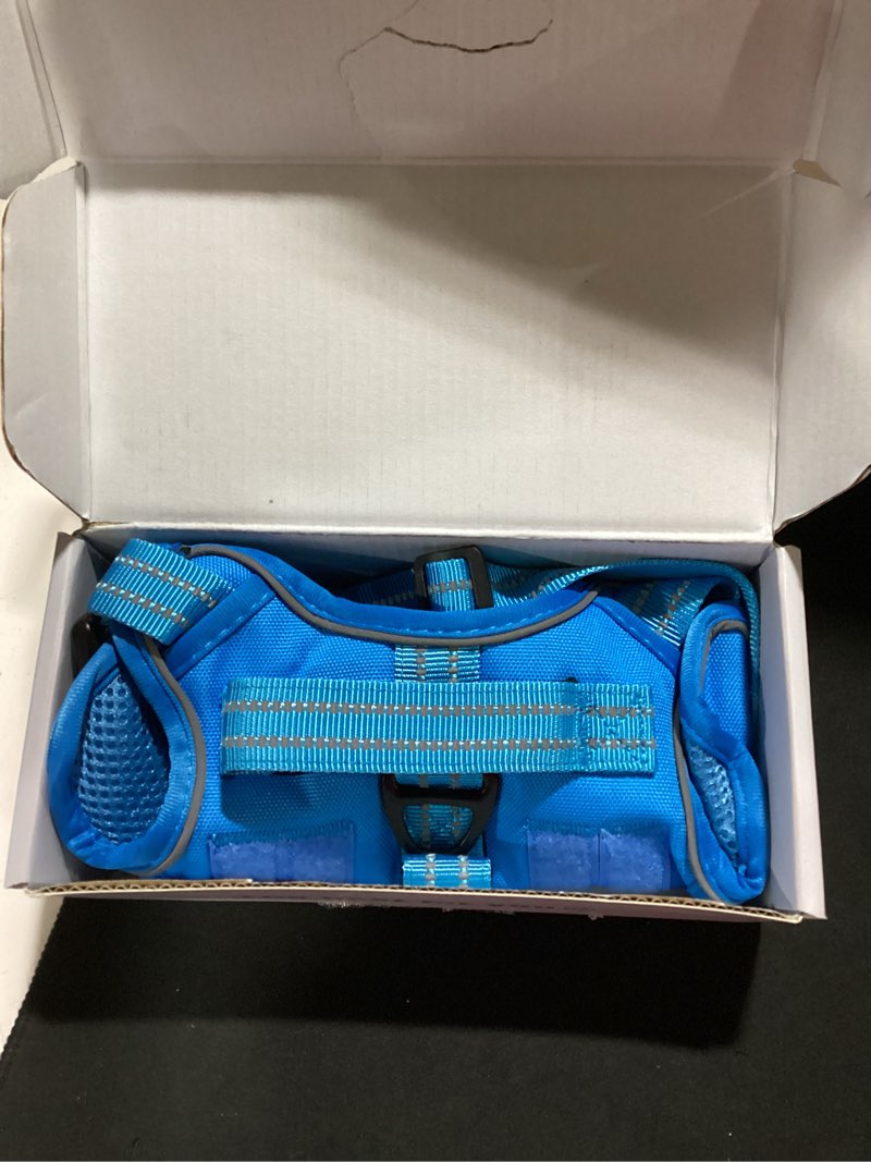Condition photo showing Good Condition for small dog harness, heavy duty tactical no pull dog harness, no choke, easy on and off pet vest with molle system, adjustable reflective dog vest with breathable padded for walking hiking training s(neck:16-22",chest:20-28"),18-35 lbs blue