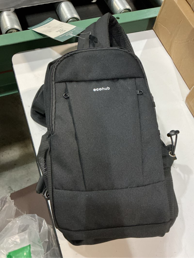 Condition photo showing Good Condition for ecohub anti-theft crossbody bag men women, rfid blocking lightweight sling backpack eco-friendly with 9 pockets sturdy sbs zippers water resistant for travel work hiking outdoor, black