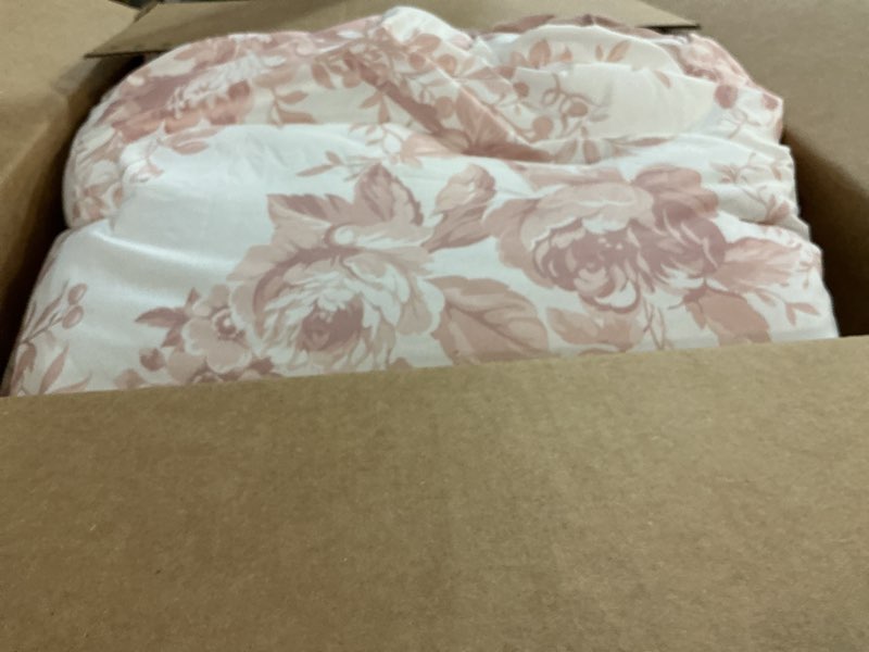 Condition photo showing Good Condition for Full Comforter Set -7 Pieces Pink Floral Comforter Set for All Seasons, Bed in a Bag Full with Botanical Flowers Comforter, Sheets, Pillowcases & Shams Rose Full