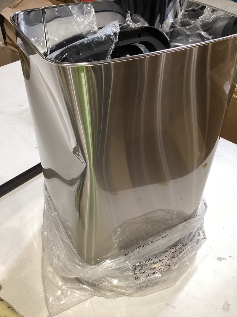 Condition photo showing As Is for ninestars dzt-50-28br automatic touchless motion sensor rectangular trash can, black top, 13 gal. 49 l., brush silver & black
