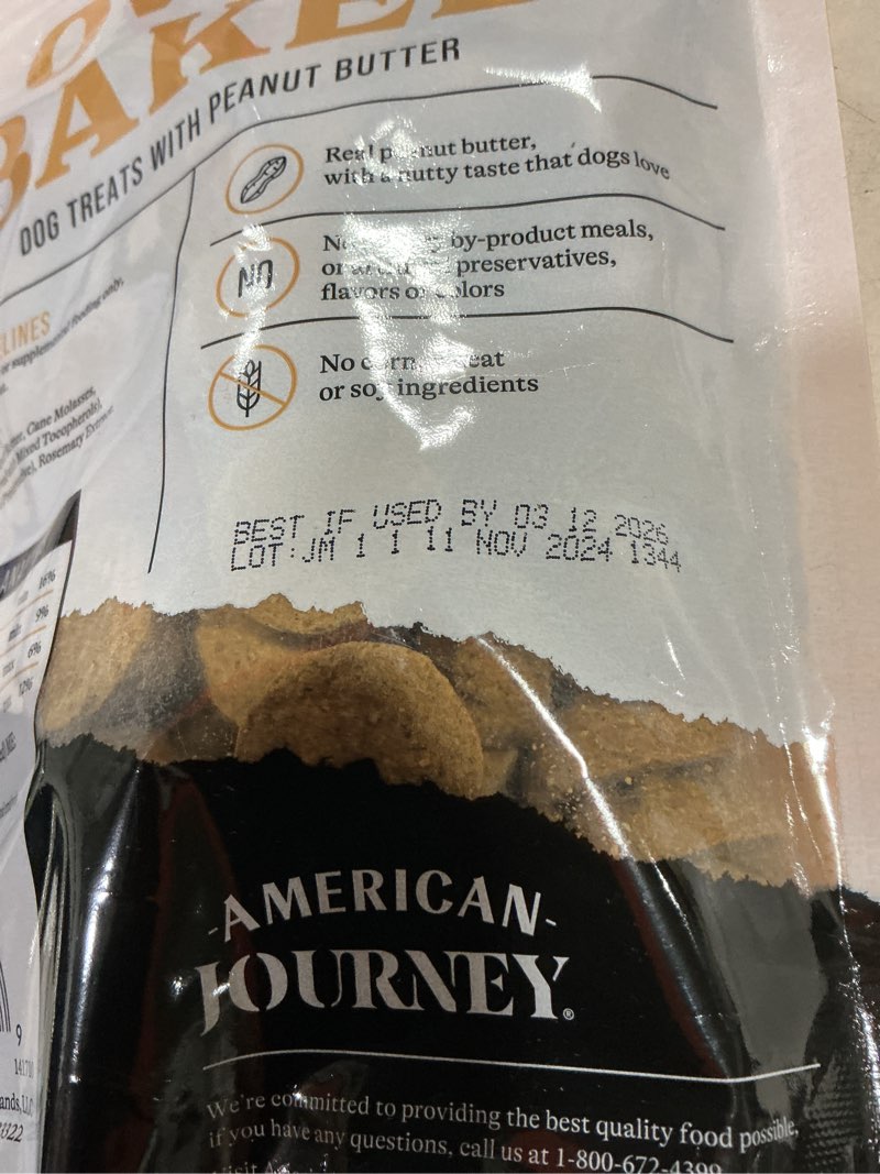 Condition photo showing New/Like New for American Journey Peanut Butter Recipe Grain-Free Oven Baked Crunchy Biscuit Dog Treats