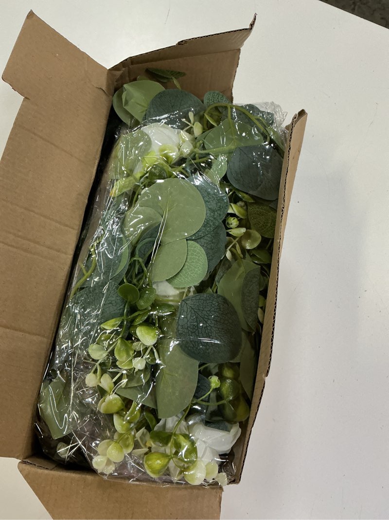 Condition photo showing Good Condition for 4 pack artificial eucalyptus flower garland with white roses, faux floral greenery garland fake flower vines for wedding party centerpiece table runner arch party backdrop decor (4pcs, white) white 4pcs