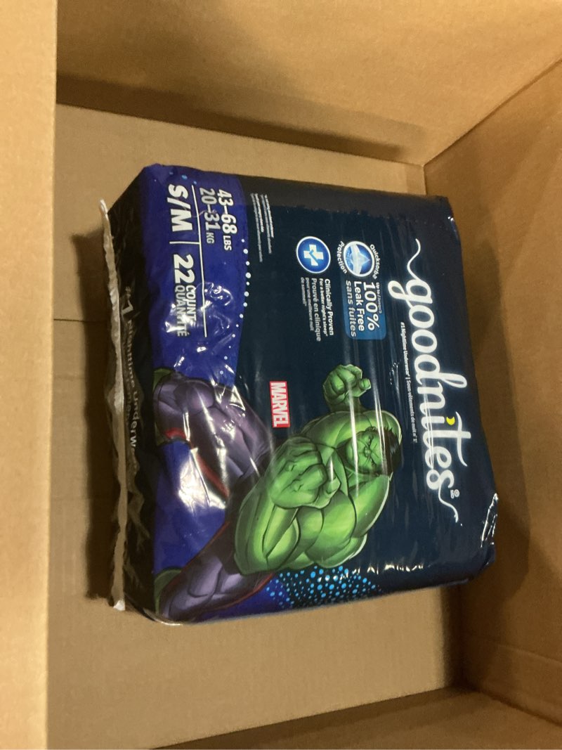 Condition photo showing New/Like New for Goodnites Boys' Nighttime Bedwetting Underwear, Size S/M (43-68 lbs), 22 Ct (1 Packs of 22), Packaging May Vary Small/Medium 22