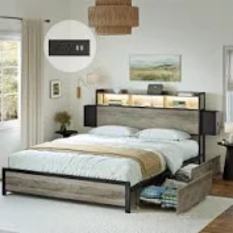 incomplete, Antioch Modern Bed Frame with 4 Drawers, LED Light and Charging Station Color: Gray, Size: Full