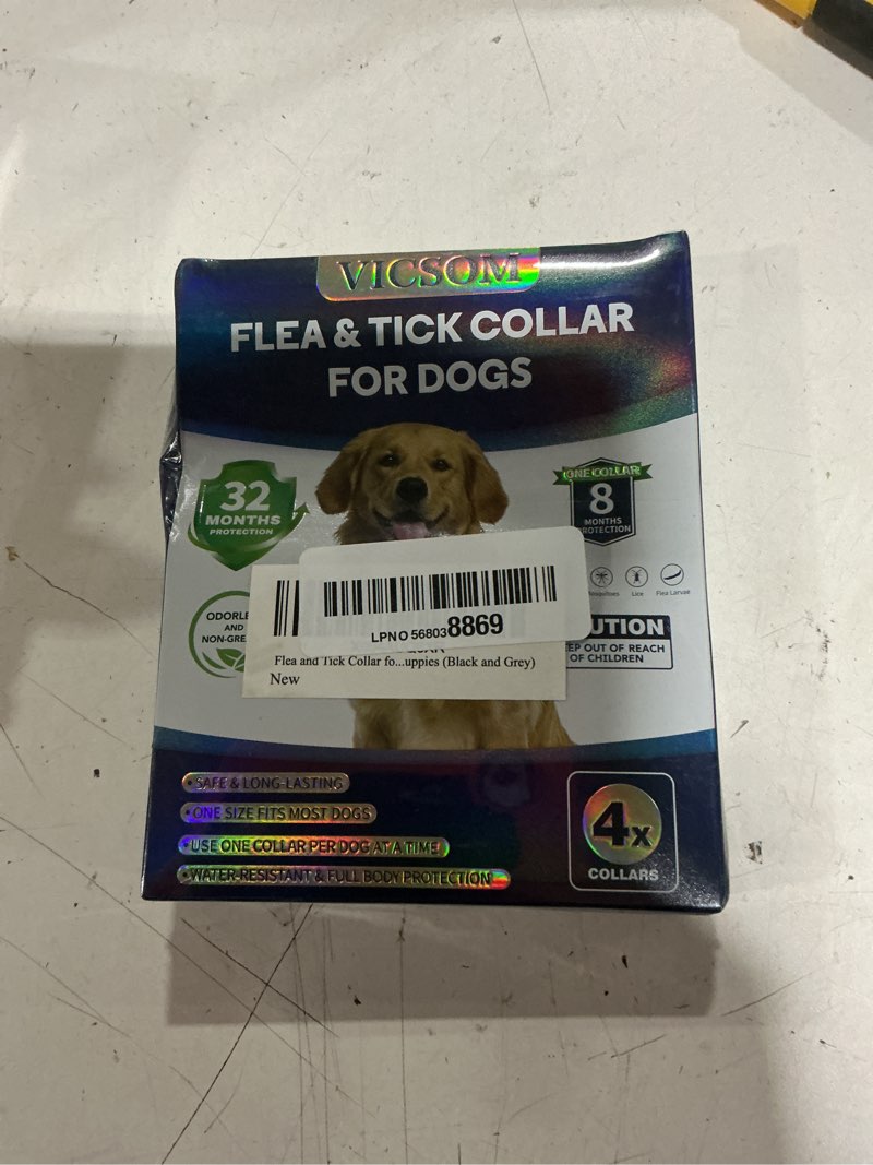 Condition photo showing New/Like New for flea and tick collar for dogs 4 pack, 32 months prevention, waterproof, adjustable for small medium large dogs puppies (black and grey) black & grey