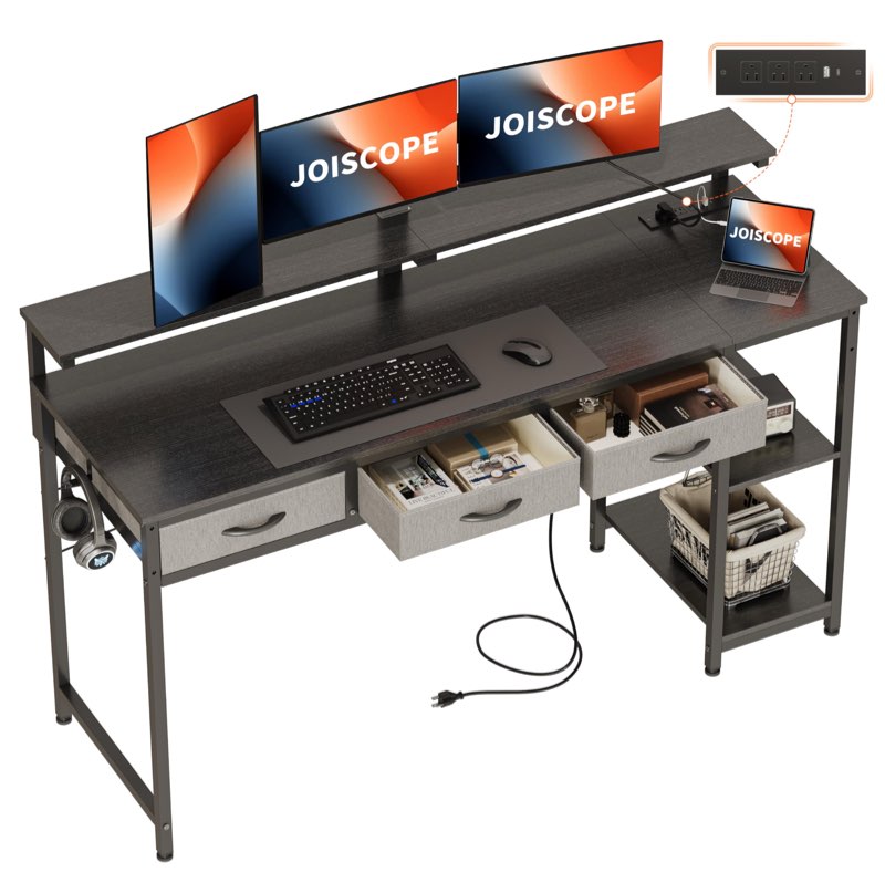JOISCOPE Home Office Desk with Power Outlets (3AC, USB, Type-C), 60 × 20 Inch Computer Desk with 3 Drawers & Shelves, Laptop Table with Display Riser, Gaming Study Drafting Table for Bedroom, Black