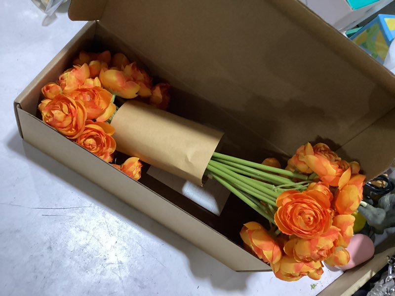 Condition photo showing New/Like New for ling's moment ranunculus artificial flower, faux silk mini ranunculus flowers for diy bouquet, bulk fake wedding filler flowers for centerpieces arrangements bridal shower decorations, citrus orange or-citrus orange