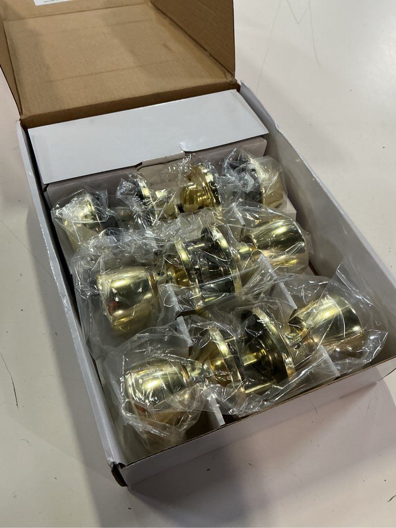 Condition photo showing New/Like New for hyper tough keyed entry tulip style doorknob and deadbolt double combo pack polished brass finish