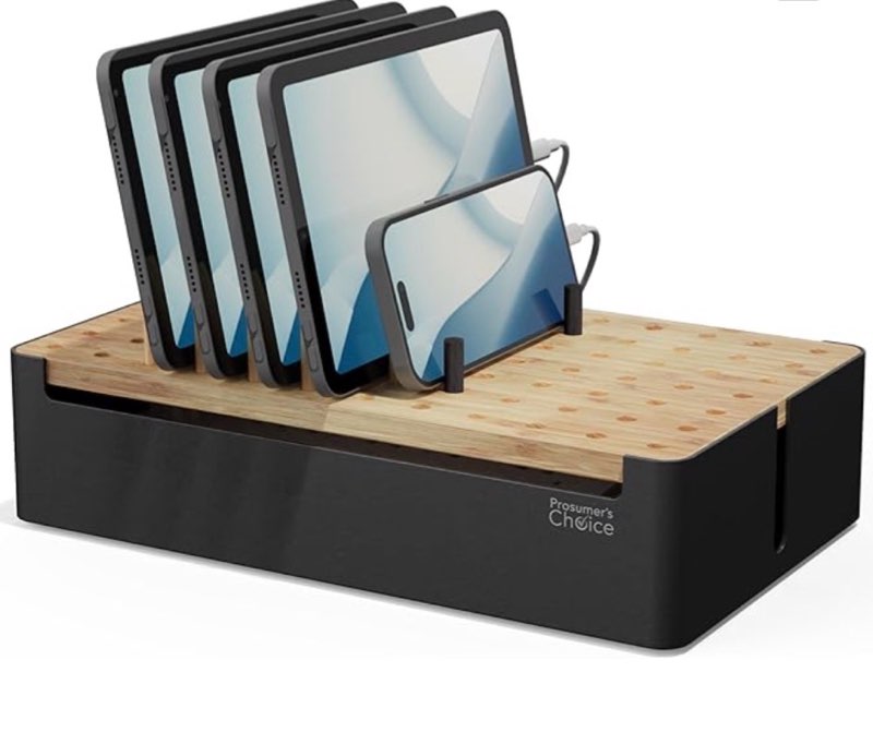 prosumer's choice black wooden charging station organizer for multiple devices - cable management box with 5 slots and removable dividers - charger organizer for phone, tablet, home, office, 12"x6"x7"