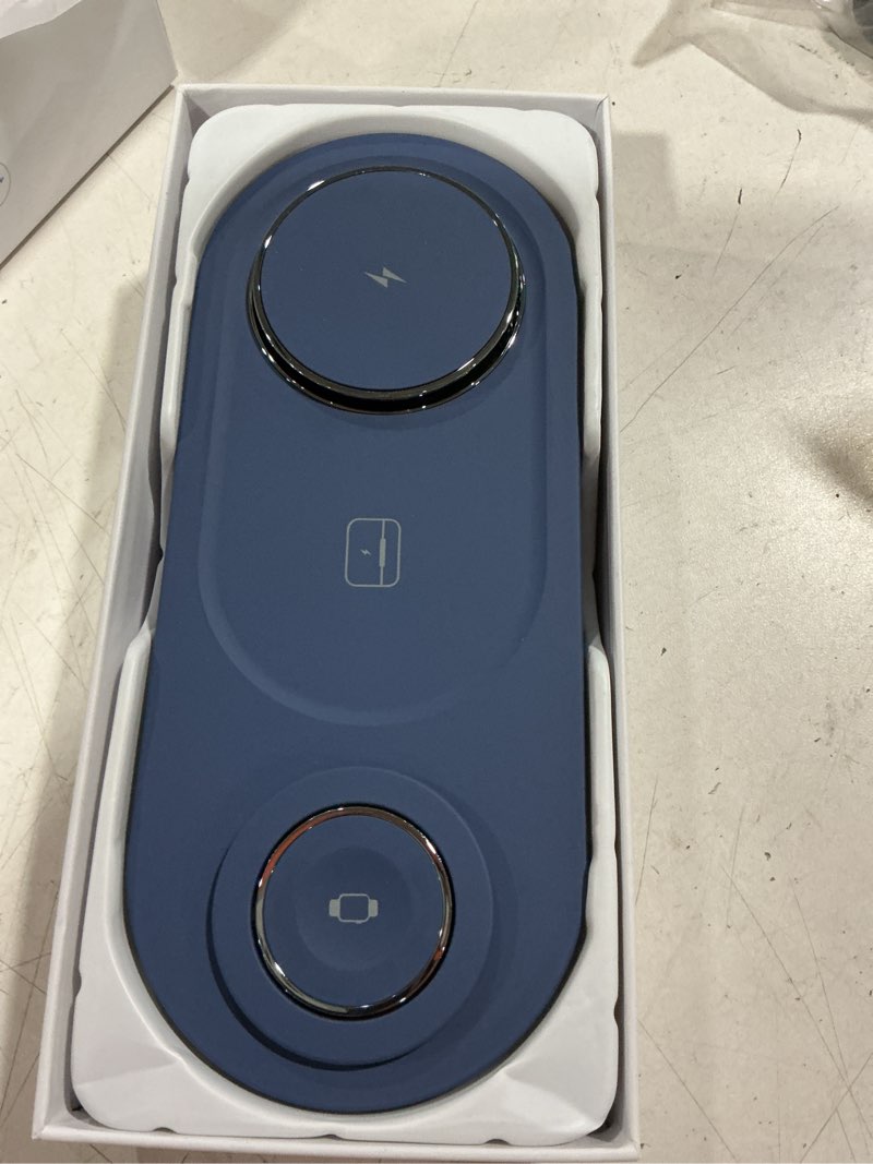 Condition photo showing As Is for upgraded 3 in 1 wireless charging station for apple devices, faster mag-safe charger stand, magnetic charger station for iphone 17/16/15/14/13/12 & airpods pro & apple watch series (sapphire blue)