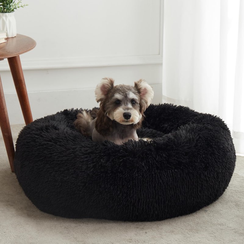 JOLLYVOGUE Calming Dog Bed Large Size Dog, Anti-Anxiety Donut Large Pet Bed, 36 inches Fluffy Faux F
