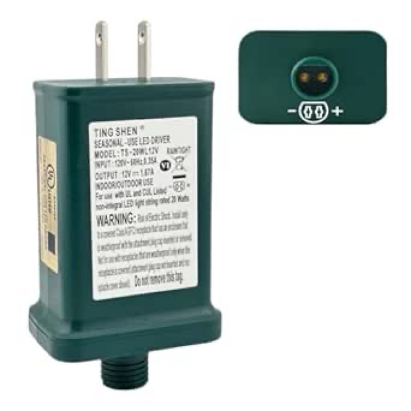 Power Supply TS-20WL12V Class 2 Transformer 12V 1.67A 20W Raintight IP44 US Plug Connector 1/2in 12mm Adapter Replacement for LED String Light Holiday Lighting Christmas X-Mas Tree
