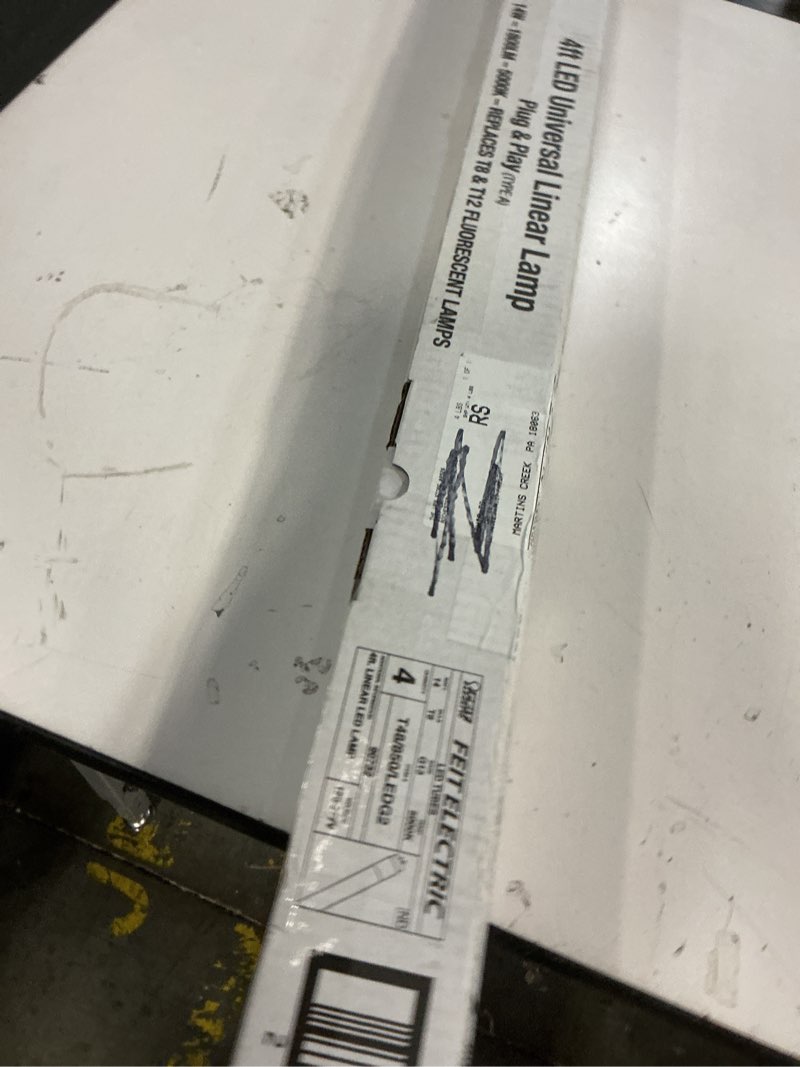 Condition photo showing New/Like New for feit electric t8 led bulbs 4 foot, 32 watt equivalent, type a tube light, plug & play, t8 or t12 led tube light, led fluorescent replacement, frosted, t48/850/ledg2/4,5000k daylight, 4 pack 5000k (daylight) g13 base