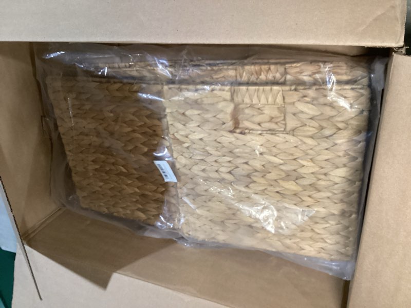 Condition photo showing As Is for 12x12in wicker storage baskets - large cube storage bins for bedroom, living room, nursery (2 packs)