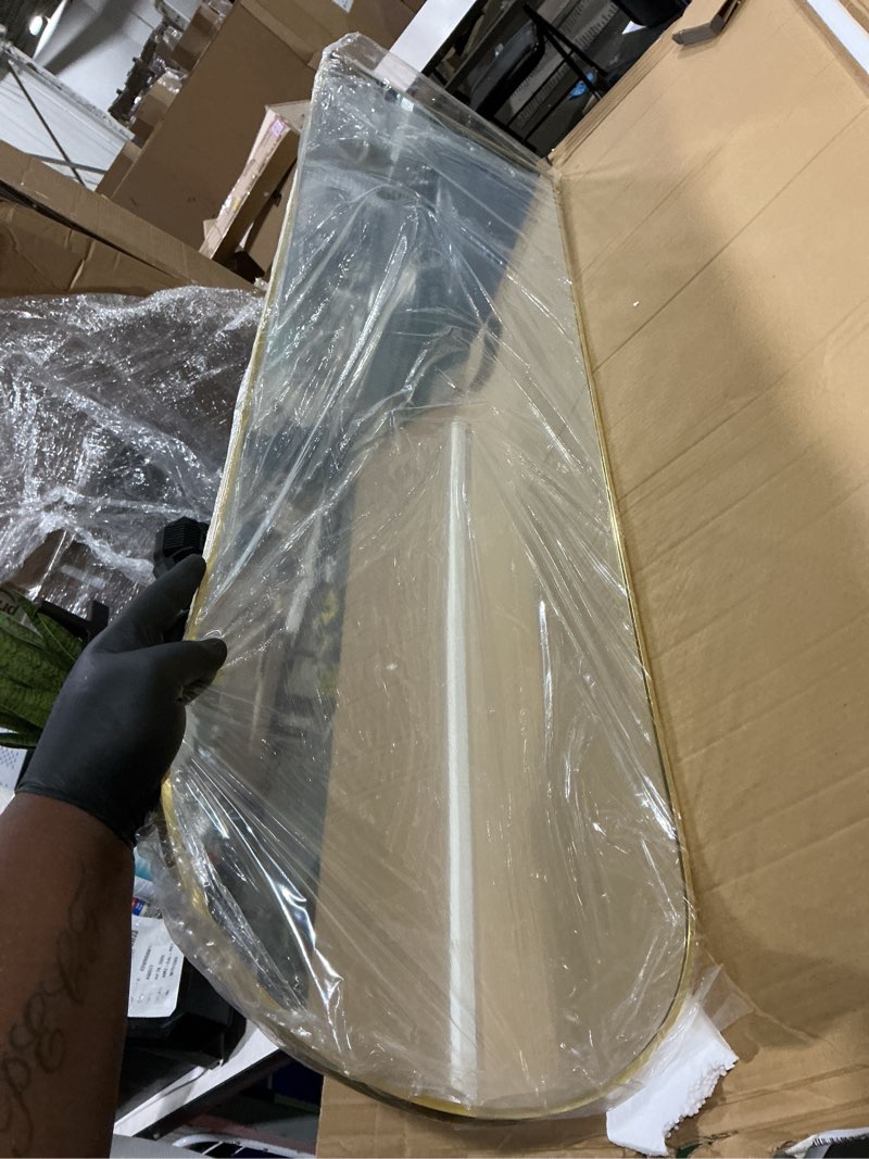 Condition photo showing Good Condition for full length mirror, 56"x16" arch floor mirror with stand, gold arched full body standing or leaning mirror for bedroom, living room 56"l x 16"w gold