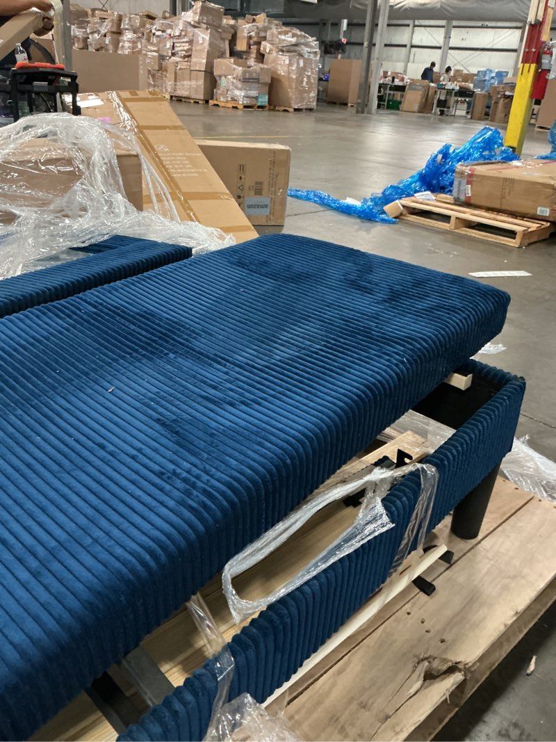 Condition photo showing As Is for castle place chic corduroy velvet upholstered queen bed, navy blue