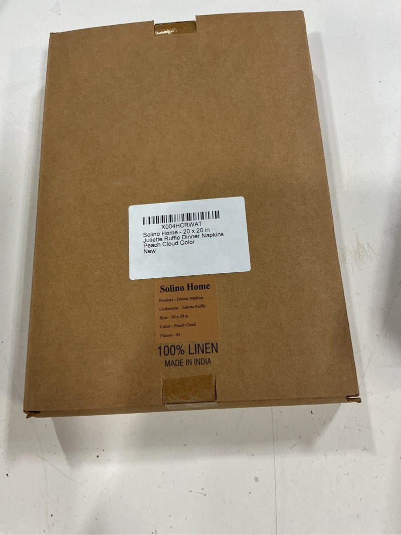 Condition photo showing New/Like New for solino home peach cloud linen dinner napkins 20 x 20 inch - 100% pure linen juliette ruffle cloth napkins set of 4 for mothers day, spring, summer - handcrafted and machine washable peach cloud 20" x 20" (set of 4)