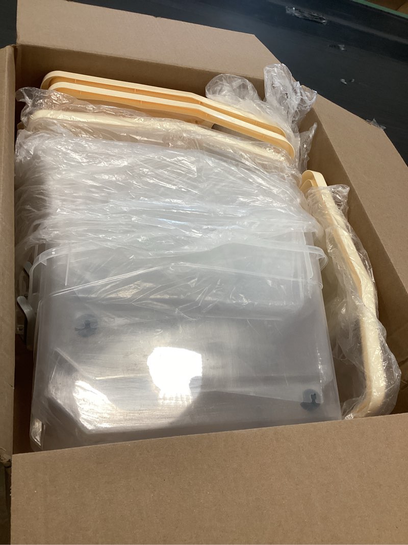 Condition photo showing Good Condition for Sunnyray 4 Pcs Rice Storage Containers Bulk Flour Sugar Container Wheels Measuring Cups Set Cream Yellow Lid Airtight Pet Dog Cat Birds Food Bin Grain Cereal Organizer Box for Dry Baking(22 lb)