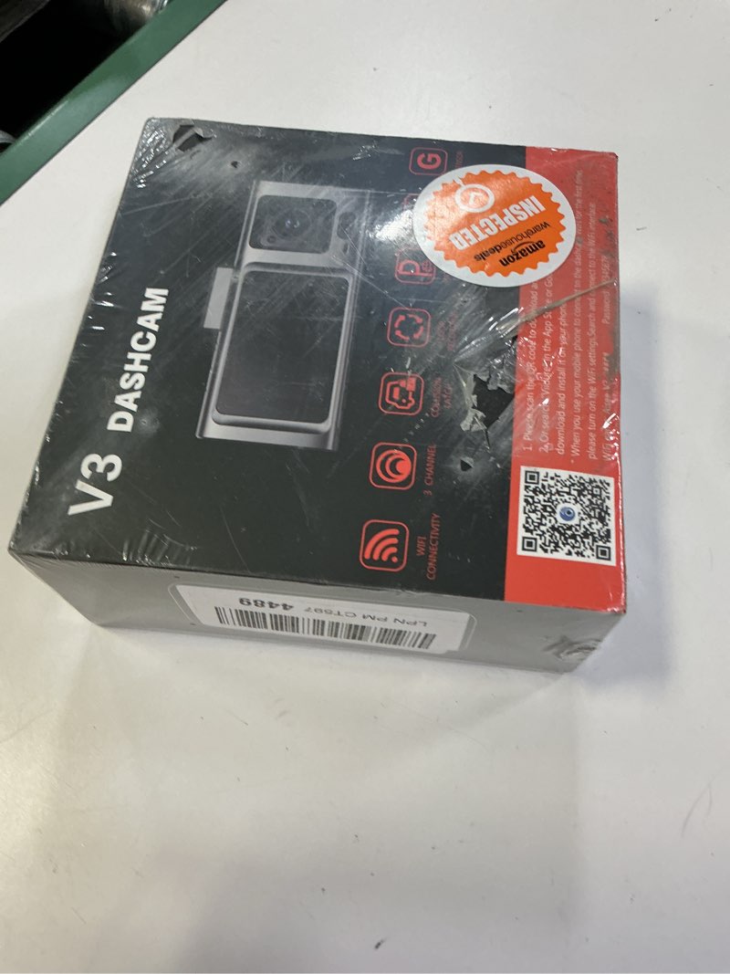 Condition photo showing New/Like New for 3 channel wifi dash cam front and rear inside with 64gb sd card, 2.5k+1080p+1080p car dash camera for cars front and rear, dashcam with g-sensor, loop recording, 24h parking mode, support 512gb