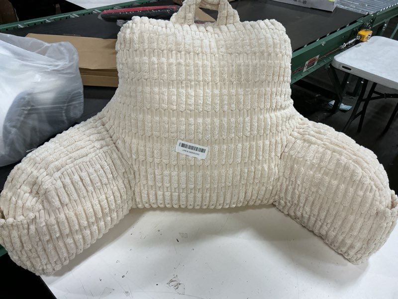 Condition photo showing As Is for reading pillow for sitting in bed,large backrest reading pillow with arm rest,back rest support cushion for sit up on couch,sofa,and floor(white corduroy,standard(17")) white standard(17") corduroy