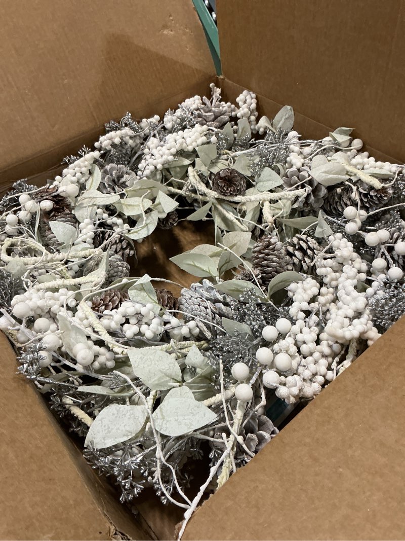 Condition photo showing As Is for Birch Wreath with White Berries, Iced Pine Cones, Holly Leaf, Branch - 26" Winter Christmas Wreath for Front Door or Indoor Wall Window Thanksgiving Decor Silver Green