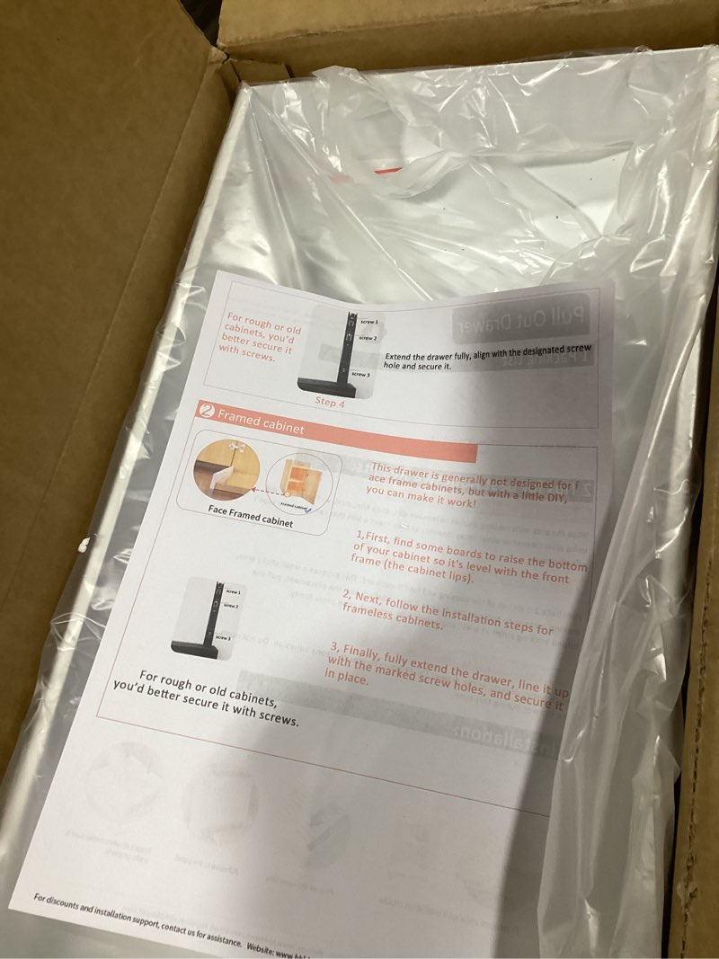 Condition photo showing New/Like New for HBL' 2 Pack | 21" Deep Pull Out Cabinet Organizer Adhesive, 10-Inch Wide Sturdy Carbon Steel Roll-Out Drawers for Face Frame or Frameless Cabinets,Slide-Out Shelves for Pantry. 21"D x 10.0"W x 3.1"H White 2