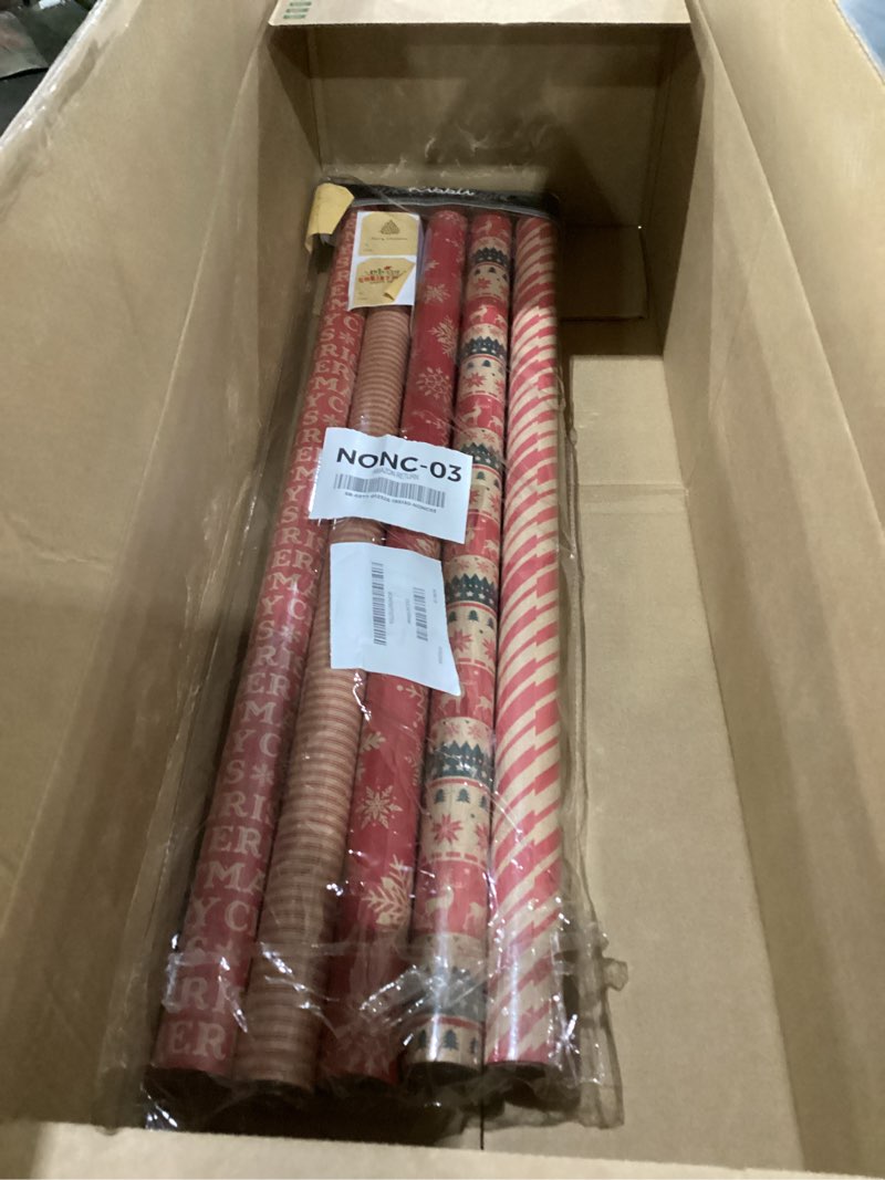 Condition photo showing New/Like New for Ribbli Christmas Wrapping Paper - Kraft Paper with Snowflake/Tree/Red Stripe/Merry Christmas Pattern, 6 Rolls Red and Green Holiday Assortment - 30 inch x 10 feet Per Roll Brown/Red/Green 30 inch