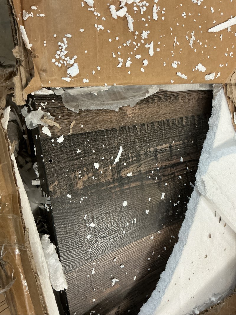 Condition photo showing Good Condition for idealhouse 72" modern farmhouse coffee bar cabinet with led lights & power outlets, sliding barn doors, rustic dark oak kitchen buffet with wine storage, ample storage for home bar, microwave