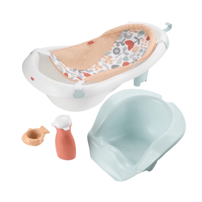fisher-price baby to toddler bath 4-in-1 sling ‘n seat tub with removable infant support and 2 toys, summer blossoms