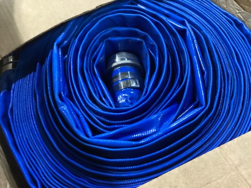 Condition photo showing As Is for 2" id x 100 ft pvc lay flat discharge hose with aluminum pin lug fittings, heavy duty reinforced blue backwash pump hoses for swimming drain pools and clean filters 2 in x 100 ft pin lug brass+aluminum