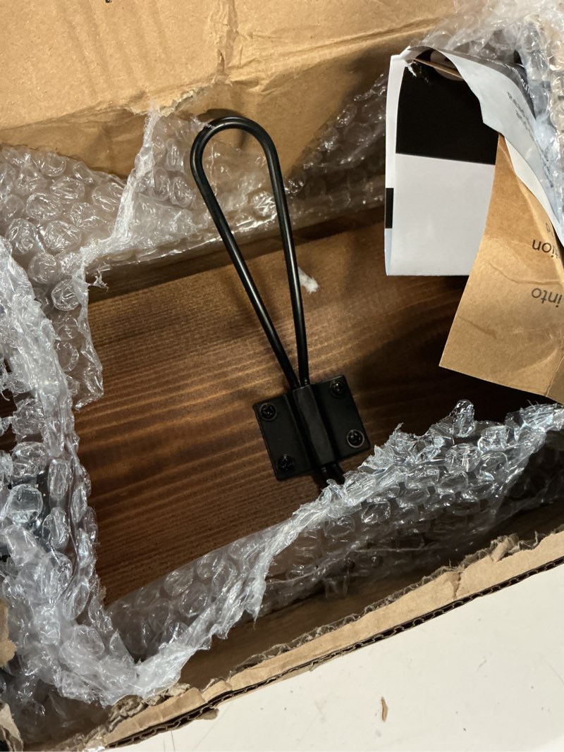 Condition photo showing As Is for HBCY Creations Dark Wash Brown Rustic Coat Rack Wall Mount with 5 Hooks, Solid Pine Wood 24 inch Wall Hooks for Entryway, Mudroom, Hallway, Bathroom - Vintage Farmhouse Style Wall Mounted Towel Rack 24 inches - 5 Hooks 4- Rustic Brown (Wide Grain)