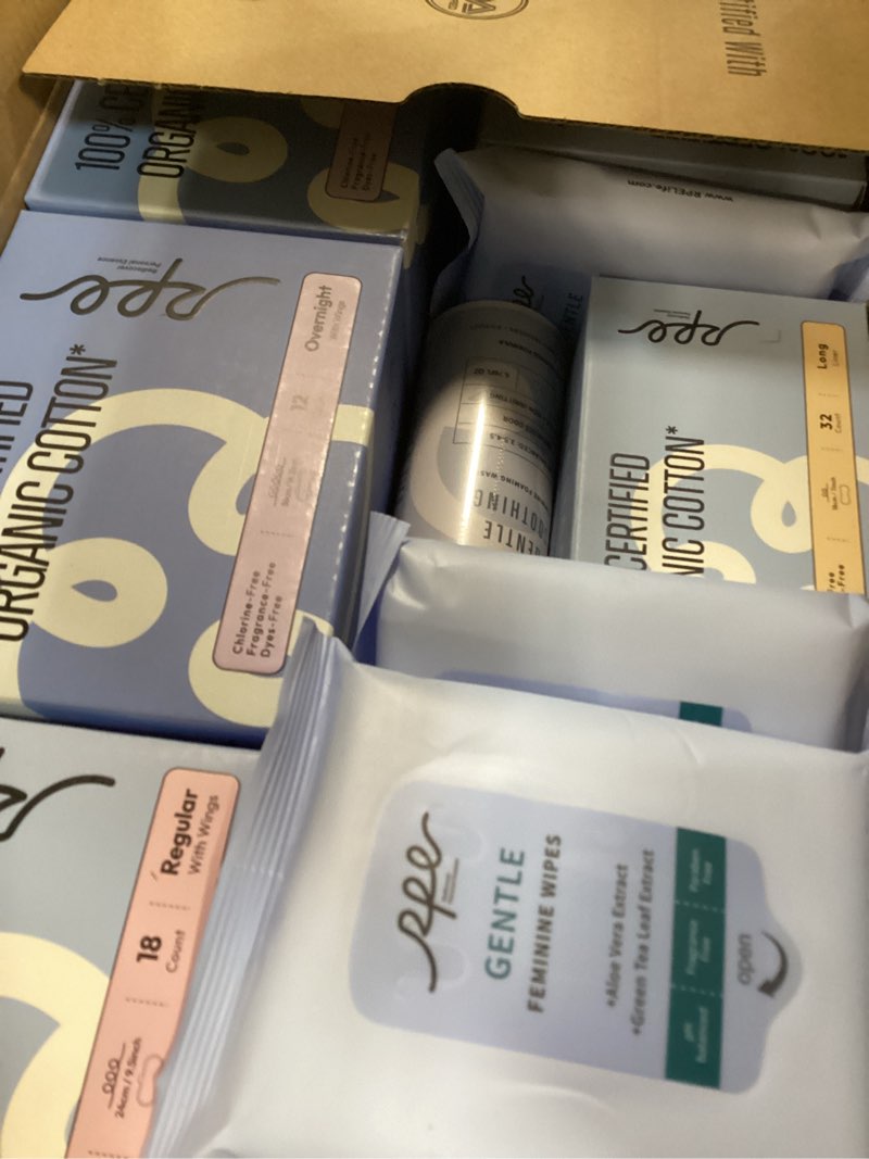 Condition photo showing New/Like New for feminine care bundle, period essentials 100% organic cotton pads for women, size 2,3,5 sanitary napkins 124 ct, flushable gentle feminine wet wipes, plant-based soothing feminine wash