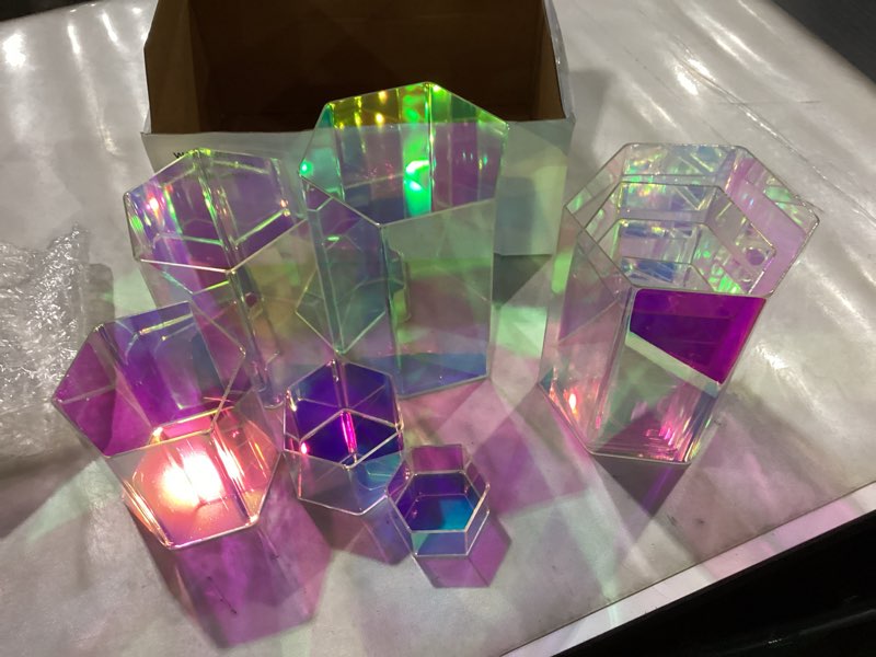 Condition photo showing Good Condition for Jetec 12 Pcs Acrylic Display Risers Hexagonal Jewelry Display Stands Perfume Jewelry Showcase Acrylic Jewelry Display Organizer for Collectible Figures Jewelry Display, 6 Sizes (Rainbow Color)