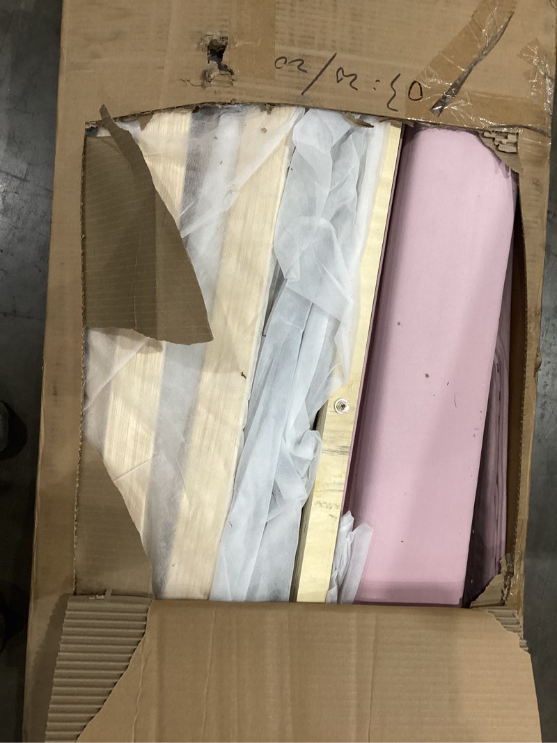 Condition photo showing As Is for evliquil queen upholstered bed frame with led lights and charging ports, super large velvet headboard, low noise mattress foundation with thickened wood slats, no box spring needed bed(pink)