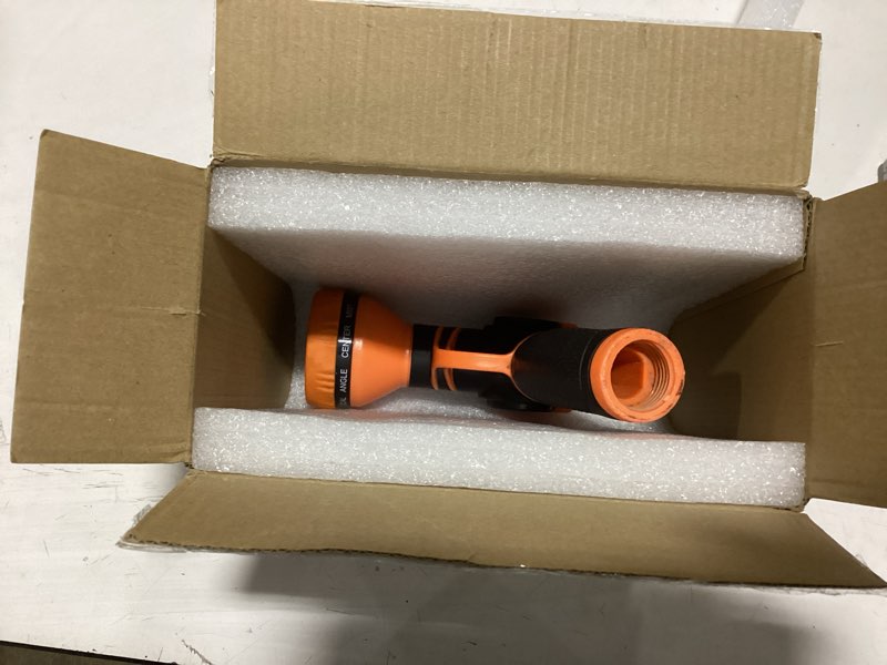 Condition photo showing As Is for giraffe tools garden hose nozzle 9 adjustable spray modes water gun for garden hose reel, car washing, watering, dog washing pro model black and orange