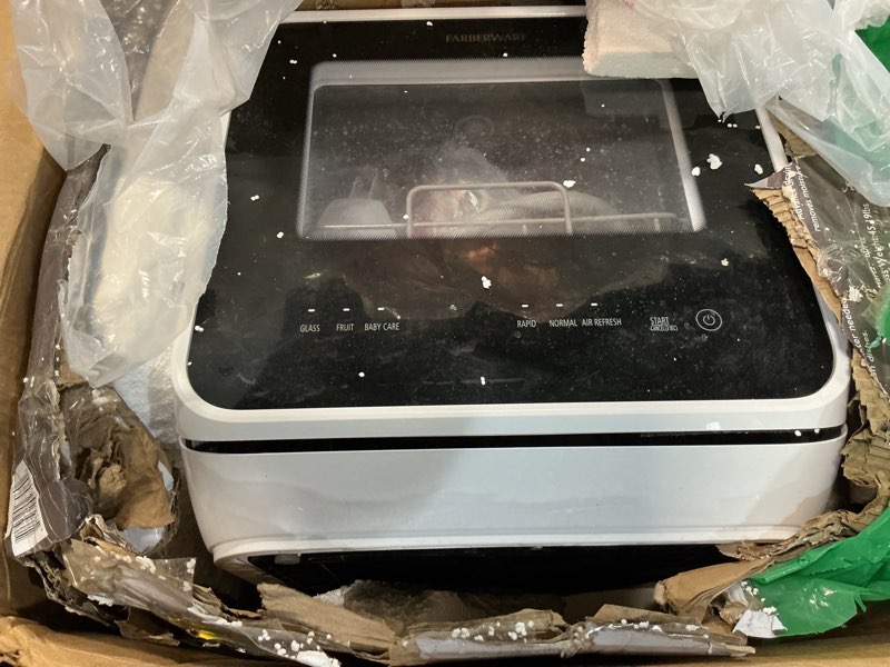 Condition photo showing As Is for Farberware Portable Countertop Dishwasher with 5-Liter Built-in Water Tank - 5-Program System for Home, RV, and Apartment - Wash Dishes, Glass, and Baby Products Black/White