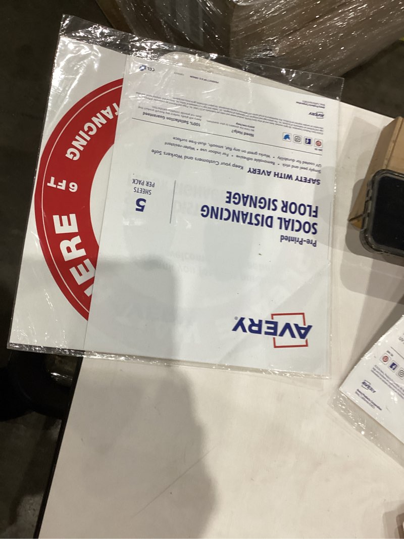 Condition photo showing New/Like New for Avery  Please Wait Here  Red Social Distancing Floor Decals  10.5  Diameter  5 Removable Decals (83090)
