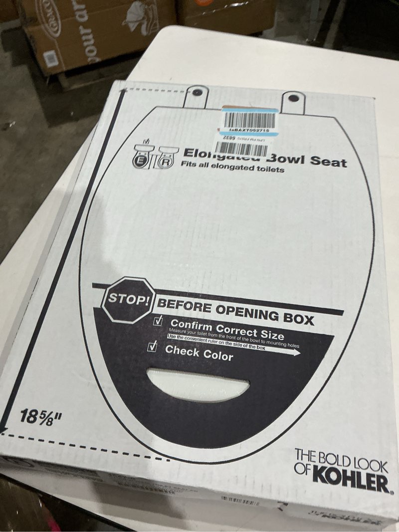 Condition photo showing New/Like New for kohler 4647-0 stonewood elongated toilet seat, elongated wood seat for standard toilets, comes with color-matched plastic hinges, home essentials, white white elongated