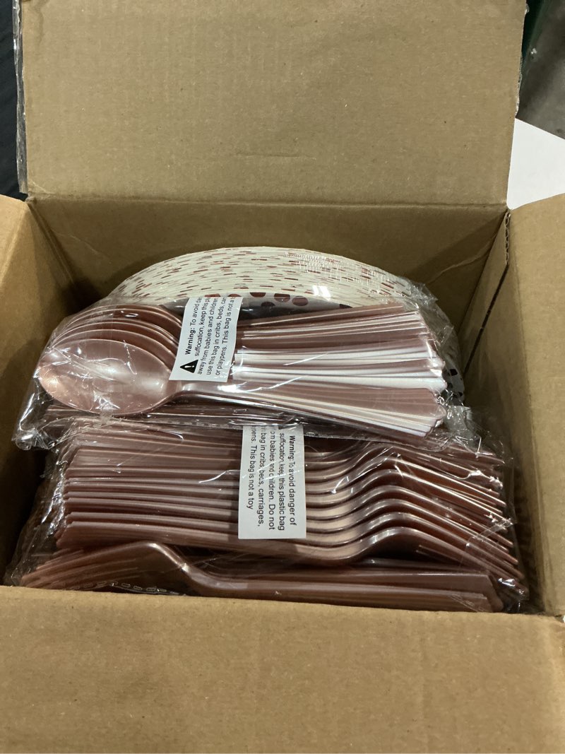 Condition photo showing New/Like New for white and rose gold party supplies - 350 pcs disposable dinnerware set - white paper plates napkins cups, gold plastic forks knives spoon for graduation, birthday, thanksgiving, cocktail party white & rose gold