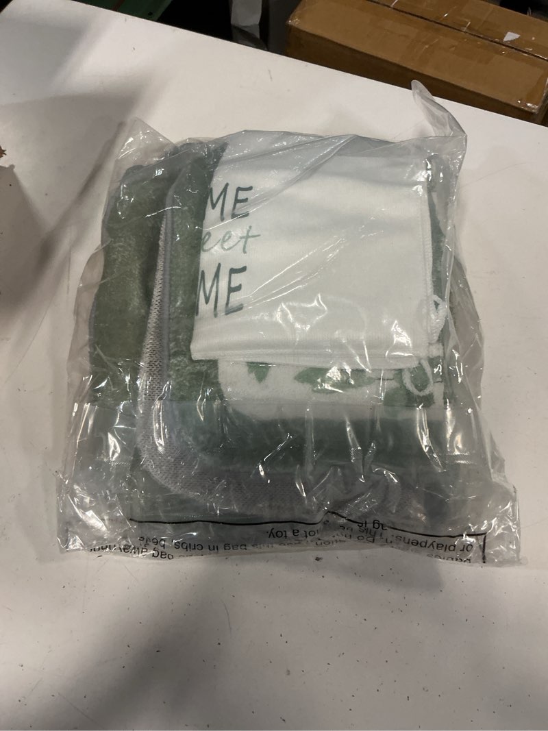 Condition photo showing Good Condition for nuanchu 6 pcs sage green bathroom rugs set with eucalyptus leaves hand flowers towels non slip u-shaped fresh toilet rug water absorption bath mat for bathroom bedroom living room green eucalyptus leaves